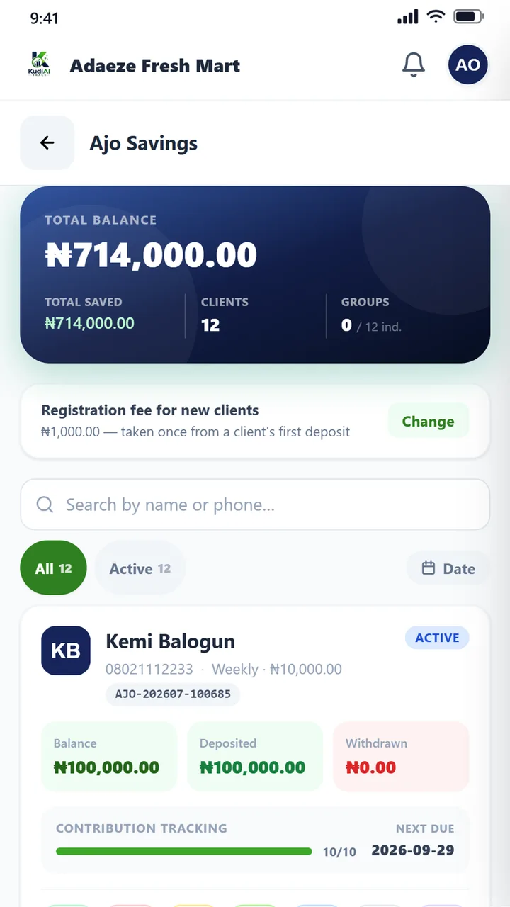 Ajo savings: total balance, clients and each client's contributions